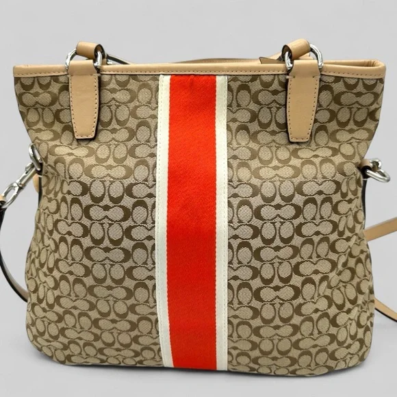 Coach Signature Varsity Stripe Medium Tote Bag – Khaki/Red – Style F27024 - Picture 4 of 16